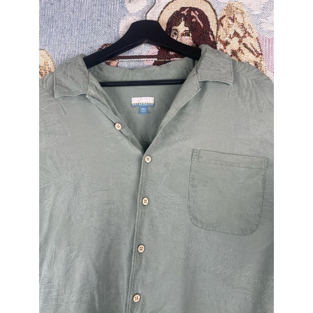 Breakwater Hawaiian Shirt Mens XXL Green Silk Short Sleeve Floral